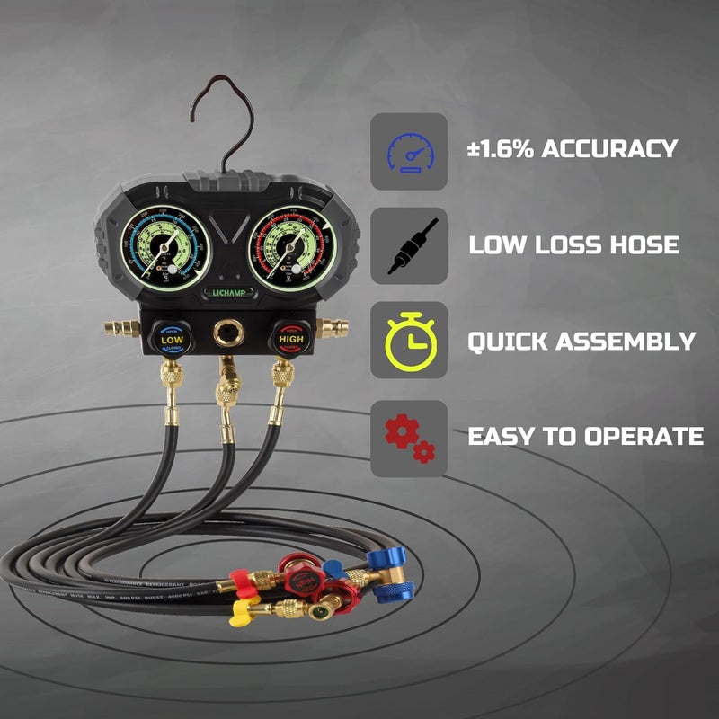 Lichamp AC R134A Gauge Set, Automotive Manifold Gauge Compatible with R32 R134A and R410 Refrigerants, Works on Car Freon Charging and Evacuation - Image 3